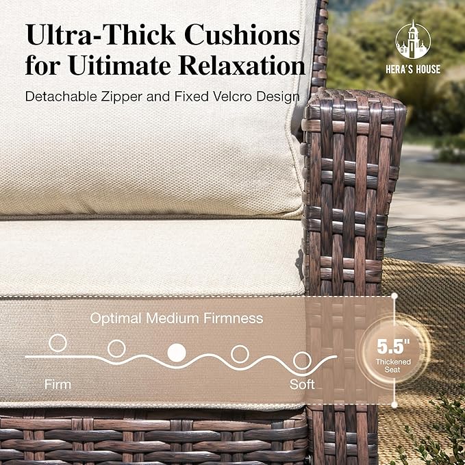 HERA'S HOUSE High Back Patio Furniture Set with Swivel Chairs, Outdoor Wicker Furniture with 5.5" Thick Cushions, Outside Conversation Sofa Sets for Backyard Deck Lawn, Beige