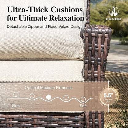 Luxury Patio Furniture Set with 5.5" Thick Cushion, Outdoor Wicker Conversation Set, 4 x High Back Swivel Patio Chairs with Tempered Glass Table, Waterproof 3-Seat Sofa for Deck Lawn Deck Yard, Beige