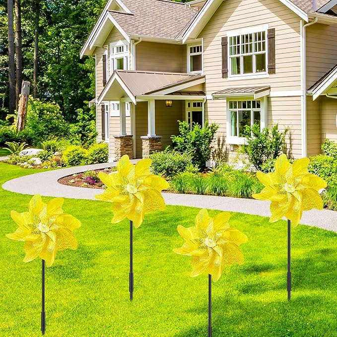 10 Packs Pinwheels Gold Reflective Wind Spinner Garden Pinwheel Sparkly Windmills Scare Birds Animal Away Wind Spinners for Yard and Garden Decor