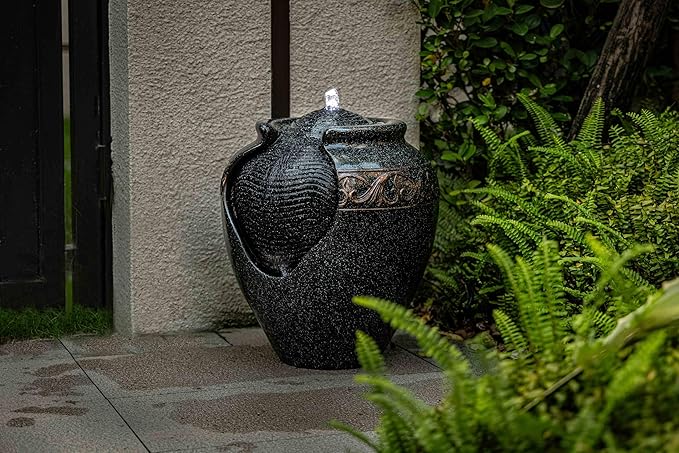 17.7 in. Glazed Pot Water Fountain with LED Light, Provide Indoor and Outdoor Water Features for Gardens、Backyard、Living Rooms、 Offices (Bronze Blue)
