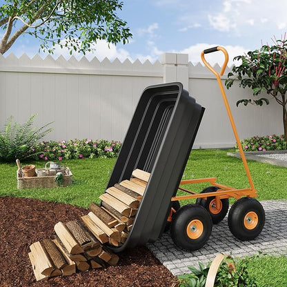 4 Cu.Ft. 600Lbs Garden Cart Dump Wagon, Heavy-Duty 4 Wheel Wheelbarrow Yard Cart with 10-Inch All-Terrain Wheels, Features A Quick-Release Tipping Function, for Courtyards, Farm and Gardening