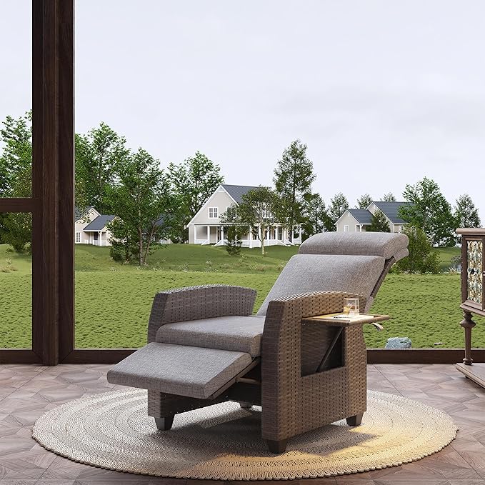 Indoor Outdoor Wicker Recliner Chair with Flip-Up Table Air Pump 155° Lay Flat, Adjustable Wicker Lounge Recliner Chair with Independently Backrest and Footrest Set of 2
