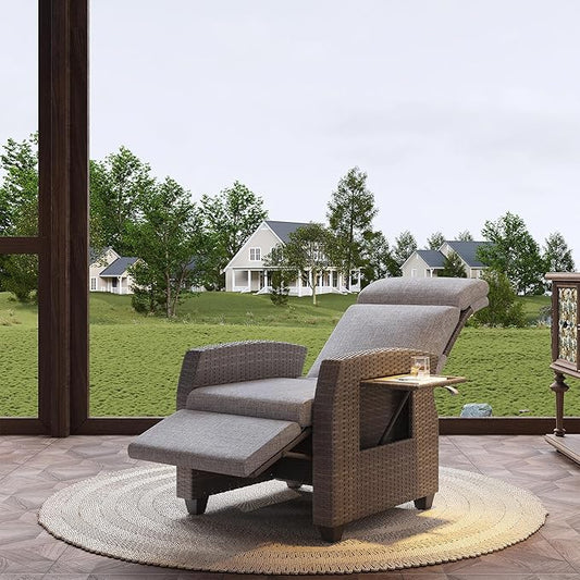 Indoor Outdoor Wicker Recliner Chair with Flip-Up Table Air Pump 155° Lay Flat, Adjustable Wicker Lounge Recliner Chair with Independently Backrest and Footrest