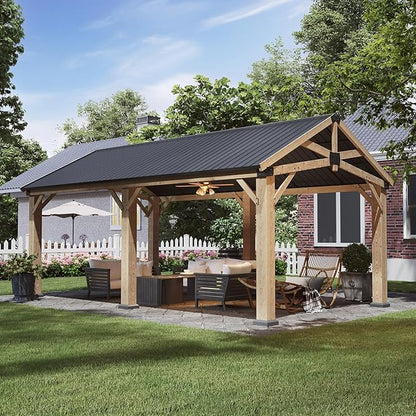 Aoxun 12' x 20' Outdoor Wood Gazebo, Hardtop Gazebo Permanent Wooden Pavilion with Galvanized Steel Gable Roof, for Patio, Garden, Deck, Cedar Wood