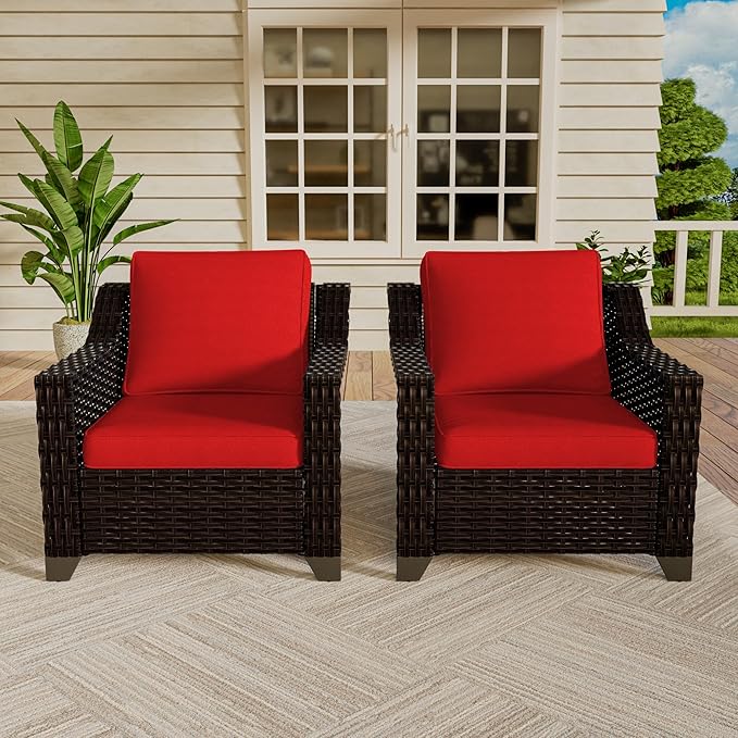Vista Vibe 2 Pieces Outdoor Armchairs, Patio Conversation Furniture Set, Washable Cushions, Luxurious Hand-Woven PE Rattan, Garden, Bistro, Deck, Backyard (Brown/Red)