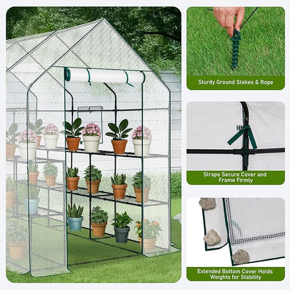Outvita Walk-in Greenhouse, Outdoor Durable PE Plant Green House for Frost Protection with 3 Tiers 12 Shelves, Shelf Clips, Roll-up Zipper Door, 56"x85"x77" White
