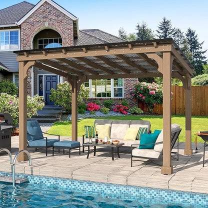 10 x 12 FT Outdoor Wooden Grill Gazebo with 5.5" Width Wood Posts, Rainwater Drainage, BBQ Gazebo with Sloping Metal Roof for Barbecue, Backyard, Garden, Light Mocha Brown