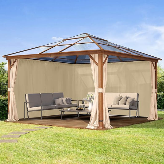 TOOLPORT Hardtop Gazebo 13x13 ft with Polycarbonate Roof - Wood-Like Finish - 4 Side Panels in Champagne