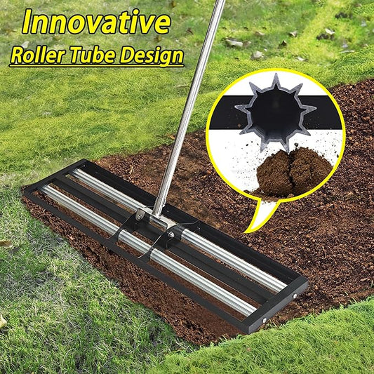 17"x10"Lawn Leveling Rake with Aluminum Rollers, Stainless Steel Yard Lawn Leveler Tool with Adjustable Long Handle, Yard Leveling Rake Suit, Levelawn Tool for Soil, Grass, Golf Course, Garden, Farm
