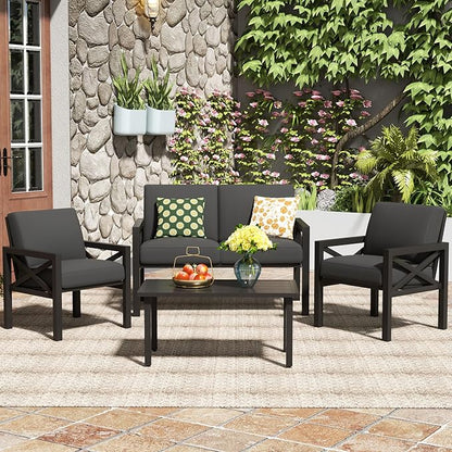 NATURAL EXPRESSIONS Outdoor Patio Furniture 4 Pieces Set, Modern Patio Conversation Sets, Outdoor Sectional Metal Sofa with 5.5 Inch Cushion and Coffee Table,Black