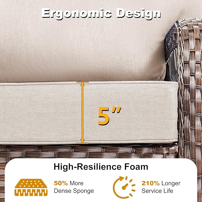 5 Pieces Patio Furniture Set Outdoor Sectional Sofa Couch with Rocking Swivel Chairs 5" Deep Seat Chairs, Modern Wicker Rattan Conversation Set, Beige/Brown Wicker