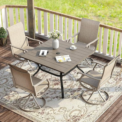 VICLLAX 5 Pieces Patio Dining Set for 4, Outdoor Furniture Set Includes 37.8" Square Outdoor Table and 4 Patio Swivel Chairs for Lawn Garden, Grey Wood Grain Table and Sandshell Fabric