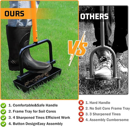 Lawn Aerator Coring Tool with Soil Core Collection Tray, 4 Tines Manual Yard Air Grass Aerator Gardening Tool for Lawn Care Courtyard,Orange（Updated Box）