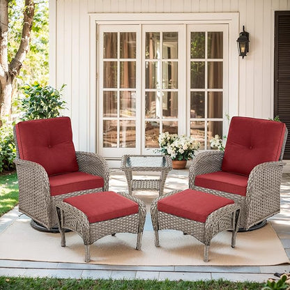 Outdoor Swivel Glider Rocker Chairs Set- 5 Piece Patio Furniture Set, Patio Bistro Sets with Tempered Glass Side Table and 2 Ottoman, for Balcony, Porch - Grey Wicker Red Cushion