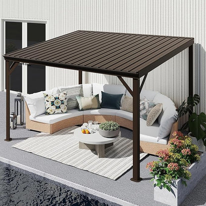 Domi 10'x12' Wall Mounted Hardtop Gazebo, Connectable Lean to Pergola with Gutters & Galvanized Steel Roof, 60MPH Wind Resistance, Outdoor Heavy Duty Metal Awning for Patio, Deck, Backyard - Brown