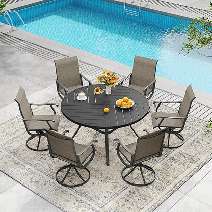 DIFY 7 Pieces Outdoor Patio Dining Set, 6 Brown Textilene Swivel Dining Chairs and 47.2" Black Round Metal Dining Table, Outdoor Table and Chairs