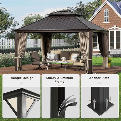 GREEN PARTY 12 X 14ft Hardtop Gazebo with Nettings and Curtains, Heavy Duty Double Roof Galvanized Steel, Outdoor Aluminum Gazebos Pergolas for Patios, Backyard, Deck, Garden, Lawns