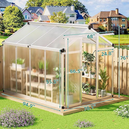 6 x 8 FT Greenhouse, Heavy-Duty Polycarbonate Large Walk-in Greenhouse Roof Vent ,Aluminum Frame & Lockable Door, for Backyard, Green Houses for Outside Garden Backyard
