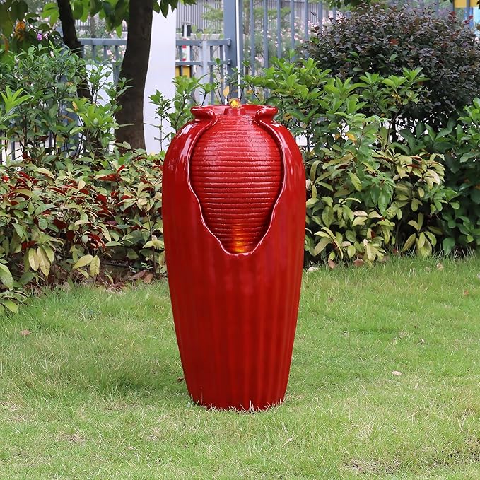 Teamson Home Glazed Vase Floor Freestanding Water Fountain with LED Lights and Pump for Outdoor Patio Backyard Deck Plant Garden Décor, 32 Inch Height, Red