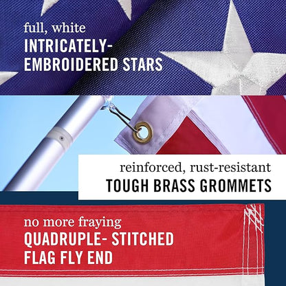 American Flag 3x5 Made in USA | Heavy Duty 400D Oxford Nylon for High Winds | Quadruple Stitched Fly End | Embroidered Stars & Sewn Stripes | Brass Grommets | U.S. Flag