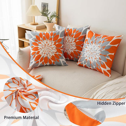 Qahing Pack of 4 Fall Outdoor Waterproof Pillow Covers 20x20 Decorative Outdoor Throw Pillows Garden Square Cushion Cases for Patio Furniture, Couch, Tent Sunbrella, Bench, Orange Grey