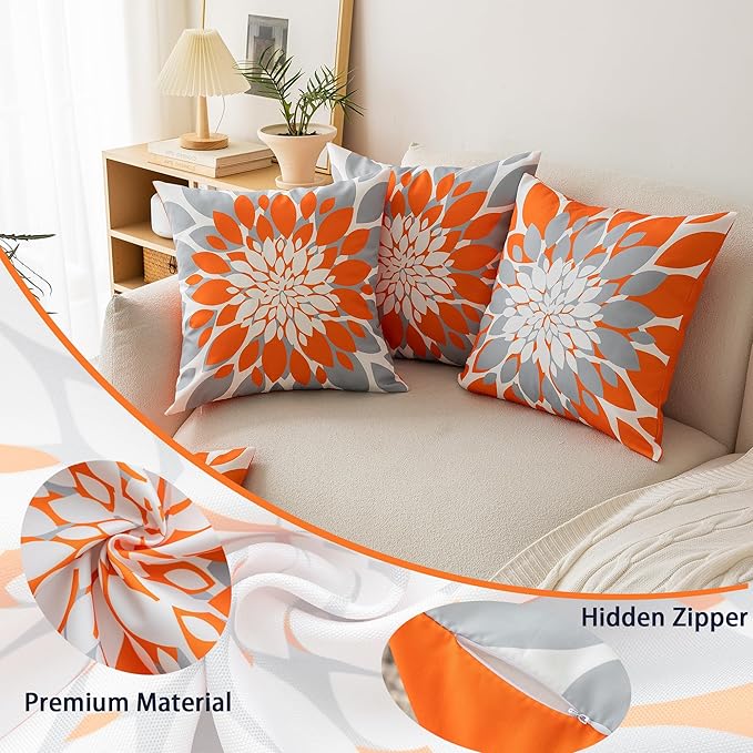 Qahing Pack of 4 Fall Outdoor Waterproof Pillow Covers 16x16 Decorative Outdoor Throw Pillows Garden Square Cushion Cases for Patio Furniture, Couch, Tent Sunbrella, Bench, Orange Grey