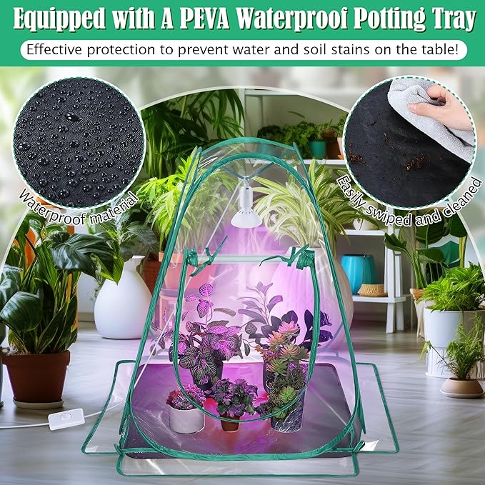 Meonum 2 Pack Mini Greenhouse with 10W 200 LED Grow Light Bulbs for Indoor, 27" x 27" x 30" Pop Up Small Greenhouse Cover with Bottom Waterproof Bottom Mat for Indoor Outdoor Plants Seed Starting