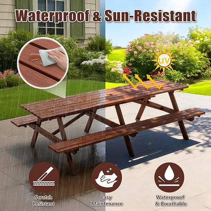 Picnic Table with Bench for 12 Person Rectangle Outdoor Wooden Outdoor Picnic Table for Patio Garden Backyard Large Outside Dining Table Set with Umbrella Hole