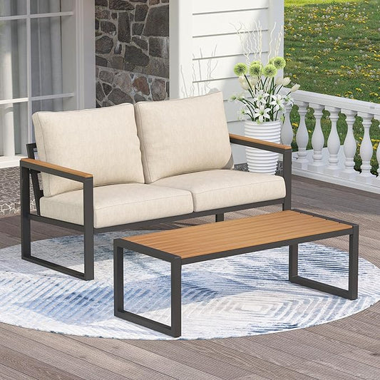 Outdoor Furniture Set, Patio Loveseat and Coffee Table, Outdoor Conversation Chair Sets for Balcony Backyard Park Garden, Beige