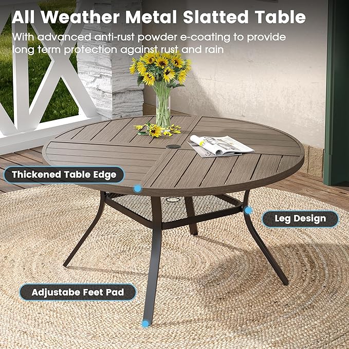 DIFY 7 Pieces Outdoor Patio Dining Set, 6 Sandshell Textilene Swivel Dining Chairs and 47.2" Grey Wood-Like Round Metal Dining Table, Outdoor Table and Chairs