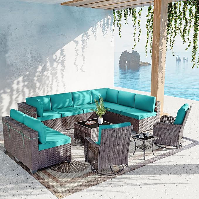 12 Pcs Outdoor Patio Furniture Set Outdoor Furniture All Weather Patio Sectional Sofa PE Wicker Modular Conversation Sets with Coffee Table, Swivel Rocking Chair (Turquoise)
