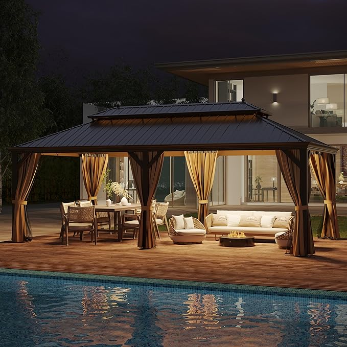 12' X 22' Hardtop Gazebo, Outdoor Galvanized Steel Double Roof Permanent Aluminum Frame Pavilion Pergola Canopy with Privacy Curtains for Garden, Patio, Backyard, Deck and Lawns.