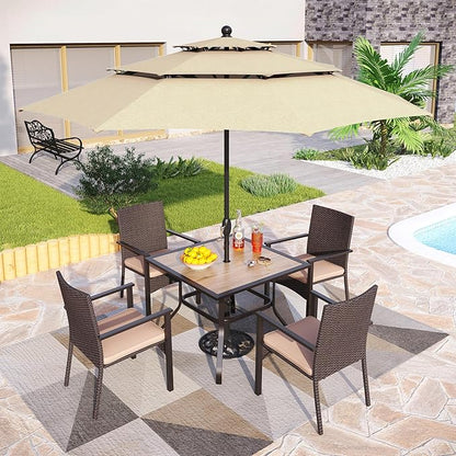 PHI VILLA 5 Pieces Outdoor Dining Set with Umbrella for 4, 37" Square Metal Polywood Table & Cushioned Wicker Rattan Chairs & 10ft Beige Umbrella Furniture for Patio, Deck, Yard, Porch