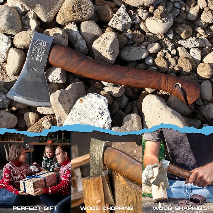 Prandi Axes German C45 Forged Carbon Steel Hatchet - Briar Hickory Handle with Leather String - Ideal for Camping, Travel and Bushcraft - 14" L x 6" W, 600g Polished Head 3.003.06.AH - No Sheath