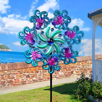 48" Octopus Wind Spinners for Yard and Garden,Ocean Theme Outdoor Decor with Metal Stake Yard Spinners,Wind Sculpture Decorations for Patio,Lawn & Garden