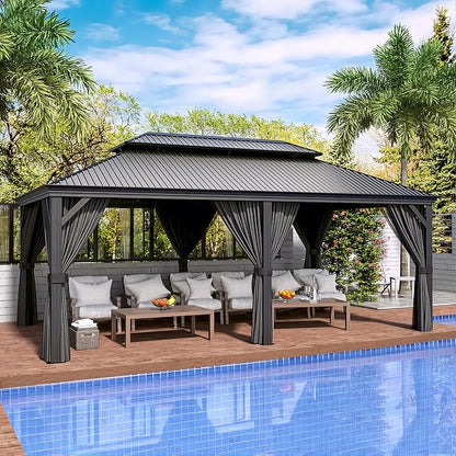 HAPPATIO 12' x 20' Hardtop Gazebo, Outdoor Aluminum Frame Gazebo with Galvanized Steel, Double Roof Permanent Patio Metal Canopy with Netting and Curtains for Backyard, Patio, Deck (Gray)