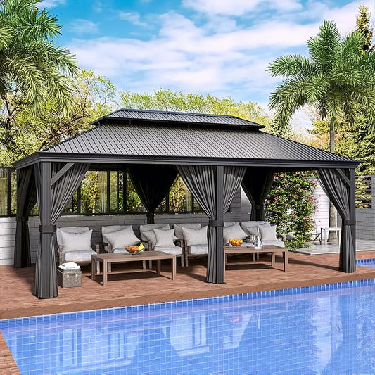 HAPPATIO 12' x 20' Hardtop Gazebo, Outdoor Aluminum Frame Gazebo with Galvanized Steel, Double Roof Permanent Patio Metal Canopy with Netting and Curtains for Backyard, Patio, Deck (Gray)
