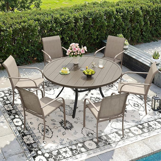 DIFY 48" Round Patio Dining Table for 6, Outdoor Metal Dining Table with 1.57" Umbrella Hole for Backyard Lawn Garden, Grey Wood-Like