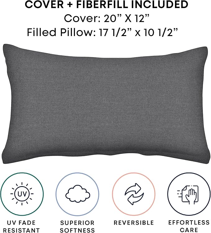 Honeycomb Outdoor Lumbar Toss Pillow Set, 20" W x 12" L, Heathered Solid Dark Grey Outdoor Pillows