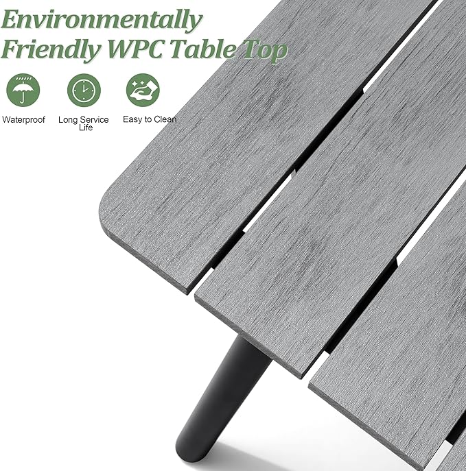 Outdoor Dining Table for 6-8, 82.7 inch Patio Dining Table with Wooden-Like Top and Aluminum Frame, Rectangular Table with Umbrella Hole Outdoor Furniture, Grey
