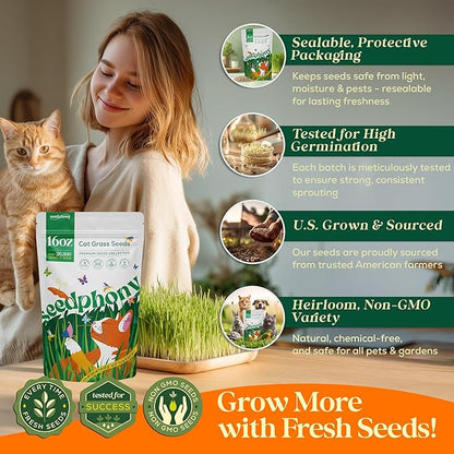 Cat Grass Seed Mix – 16 oz Pack with 20,500 Non-GMO Heirloom Seeds for Cats, Barley, Oat, Rye & Wheatgrass for Indoor Growing, Fresh Pet Grass for Digestion & Hairball Control