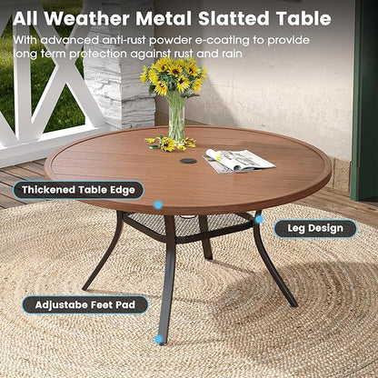 DIFY 7 Pieces Outdoor Patio Dining Set, 6 Brown Textilene Swivel Dining Chairs and 47.2" Walnut Round Dining Table, Metal Outdoor Table and Chairs