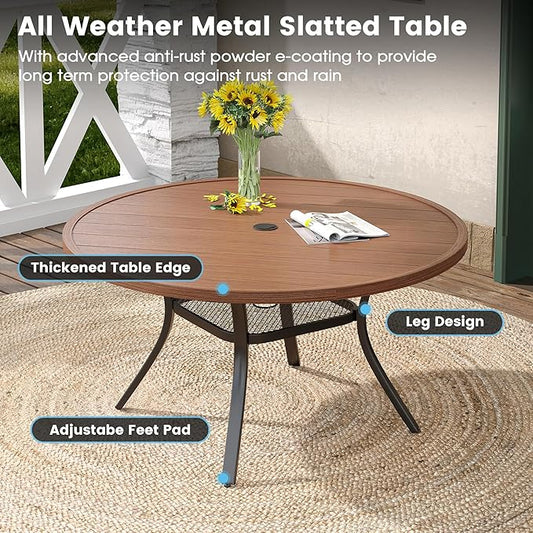 DIFY 7 Pieces Outdoor Patio Dining Set, 6 Brown Textilene Swivel Dining Chairs and 47.2" Walnut Round Dining Table, Metal Outdoor Table and Chairs