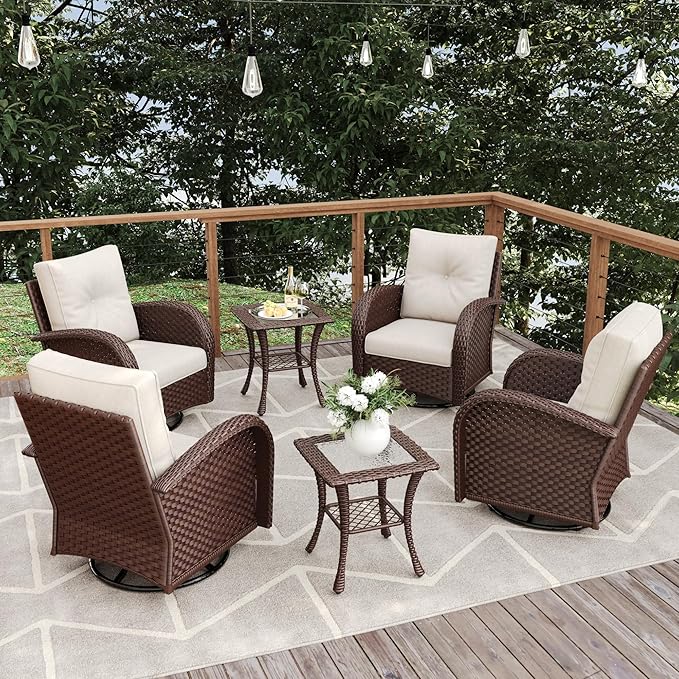 6 Pieces Patio Furniture Sets, Wicker Rattan High Back Outdoor Swivel Rocking Chairs Set with Side Table