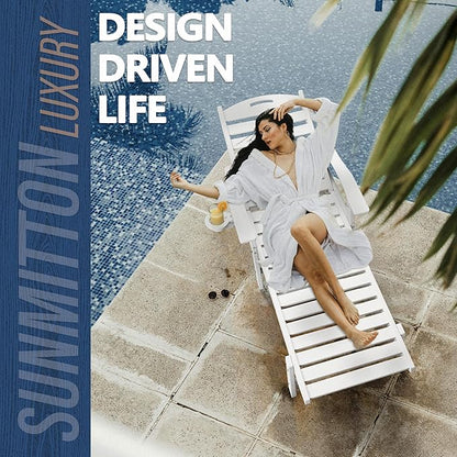 Patio Chaise Lounge Chair Set of 4, HDPE Outdoor Lounge Chairs with 5-Position Adjustable Backrest, Cup Holder and Wheels, 450lbs Capacity for Poolside Deck Backyard, All Weather Material(White)