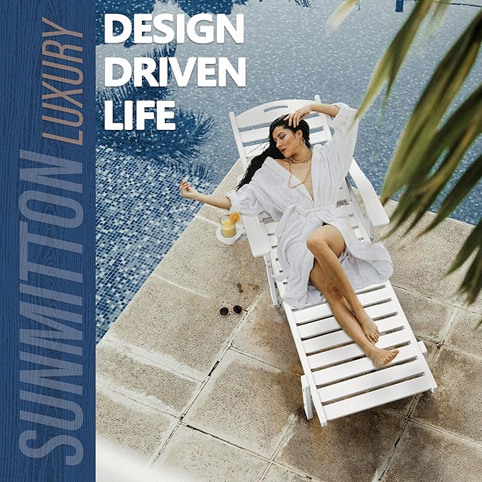 Patio Chaise Lounge Chair, HDPE Outdoor Lounge Chairs with 5-Position Adjustable Backrest, Cup Holder and Wheels, 450lbs Capacity for Poolside Deck Backyard, All Weather Material(White)