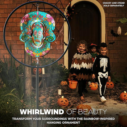 Skylar 3D Color Gradient Calavera Skull Wind Spinner, 12-Inch Day of The Dead Wind Spinners Outdoor Clearance, Kinetic Stainless Steel Decor for Patio and Home, Powered by Air