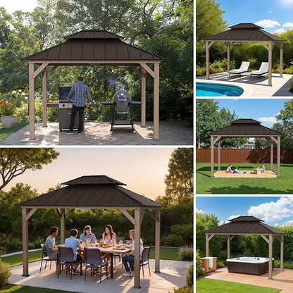 SUNJOY 10 x 12 ft. Wood Gazebo, Outdoor Patio Cedar Framed Steel Hardtop Gazebo with 2-Tier Metal Roof, Suitable for Patios, Lawn and Backyard, Dark Brown Roof + Dark Wood Frame