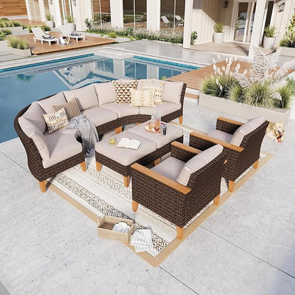 GREEN PARTY 9 Pieces Wicker Patio Furniture Set, All-Weather Outdoor Rattan Half-Moon Curved Patio Sectional Sofa Conversation Set 9 Seats for Garden, Backyard, 2 x Ottomans