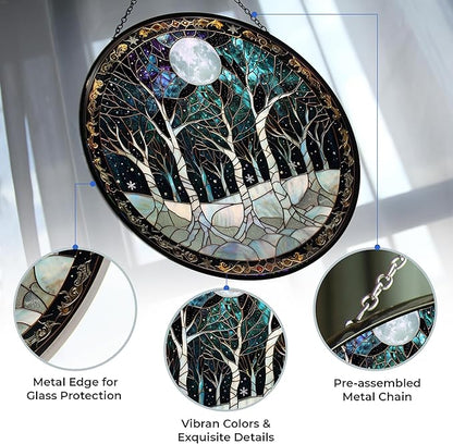 Snow Stained Glass Window Hanging Christmas Tree Winter Snow Night Scenery 6.3" - Suncatcher Door Garden Kitchen Sun Catcher Home Decor Birthday for Mom Men Woman Friend Family